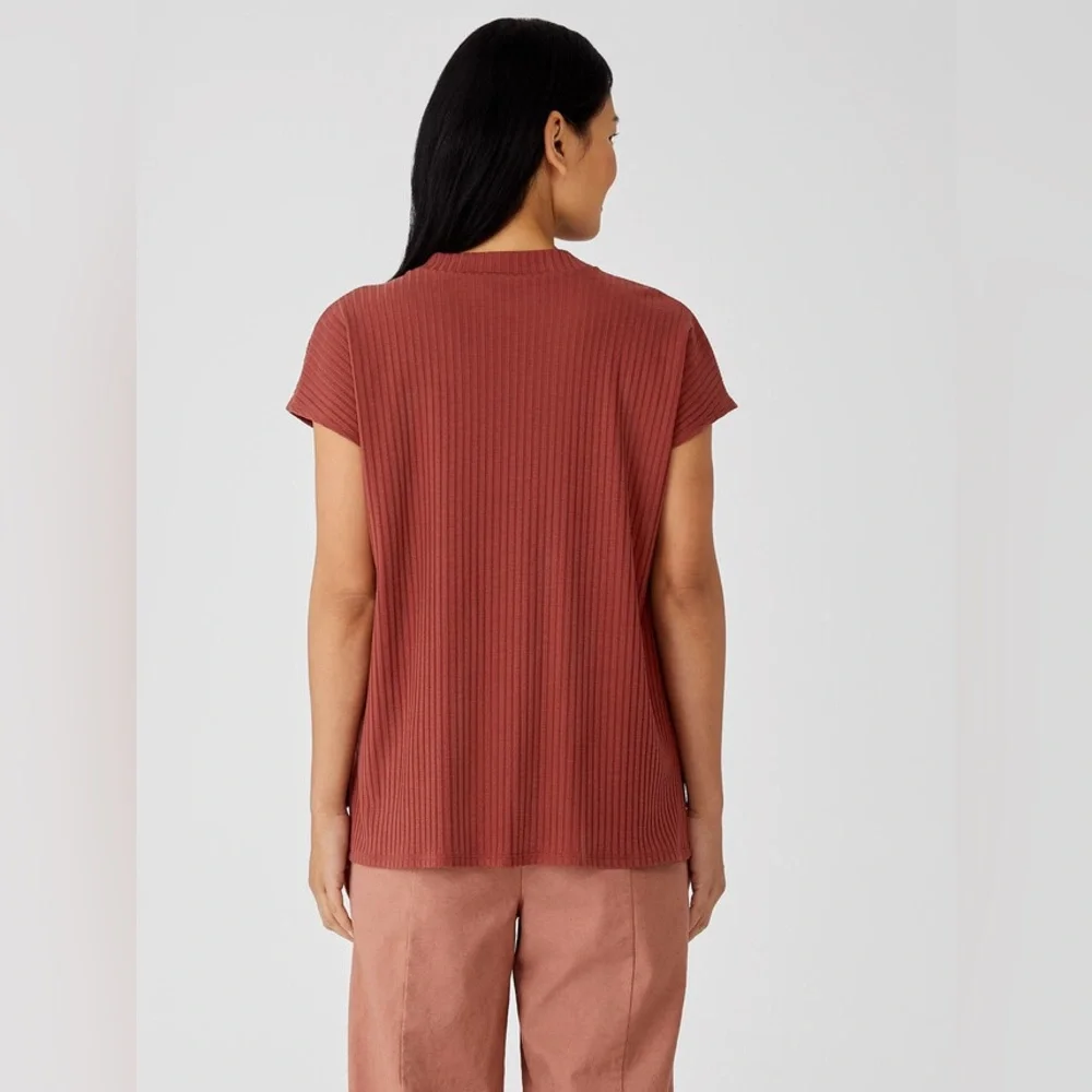 Eileen Fisher. Textured Stretch Rib Round Neck Top. Deep Terra Cotta. Large. - Picture 2 of 9